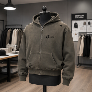 <span class=keywords><strong>TAIMI</strong></span> Brand Distressed Cropped Zip-Up Hoodie aus schwerem Baumwollfleece, gewaschen im Vintage-Stil, mit durchgehendem Metallreißverschluss, handgefertigt. - Product Image 5