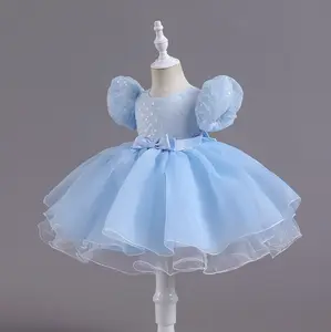 夏のエレガントな小さな女の子のドレス背中の開いた青い小さな女の子のパーティードレスかわいい新しいスタイルのジュエリー女の赤ちゃんのフォーマルドレス