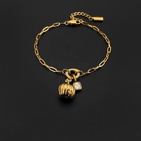 Bracelet chaîne trombone en acier inoxydable plaqué or 14K pour femme avec pendentif citrouille diamanté, bijoux Emanco