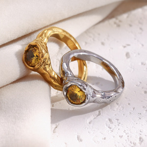 Stainless Steel Irregular Hammered Texture <b>Ring</b> 18K Gold Plated Yellow Zircon Inlay Vintage <b>Statement</b> Finger <b>Ring</b> For Women - Product Image 5