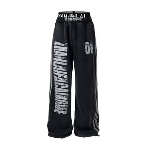 <span class=keywords><strong>Pantalones</strong></span> de chándal unisex de estilo americano urbano de otoño, desgastados, con letras vintage, de doble cintura, elegantes, de pierna curva y ancha - Product Image 5