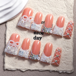 TSZS 10 <span class=keywords><strong>Uñas</strong></span> Postizas Acrílicas <span class=keywords><strong>Blancas</strong></span> Hechas a Mano con Punta Francesa, <span class=keywords><strong>Uñas</strong></span> Artificiales Brillantes de Alta Calidad con Forma de Pico de Pato Largo - Product Image 2