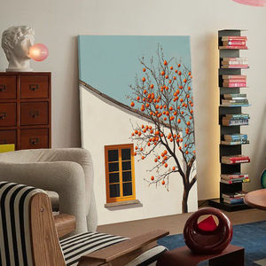 Pintura al Óleo Moderna Minimalista, Árbol de Caqui, Arte de Pared Rectangular Enmarcado, Decoración para Sala de Estar, Fondo de Sofá - Product Image 4