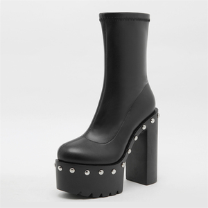 Botas de Mujer Negras de Moda XSD, Nuevo Estilo, Botas de Cuero con Decoración de Remaches, Botas Cortas de Tacón Alto para Fiesta de Otoño - Product Image 4
