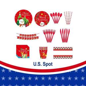 Vajilla para fiesta de Navidad, platos de papel, vasos, servilletas, juego de 10 piezas, diseño redondo de dibujos animados, suministros para fiestas respetuosos con el medio ambiente - Product Image 4