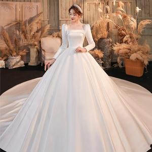 Elegant Heavy Satin Wedding Dress Square Collar Long Sleeve Ball Gown Natural Waistline For Brides - Product Image 1
