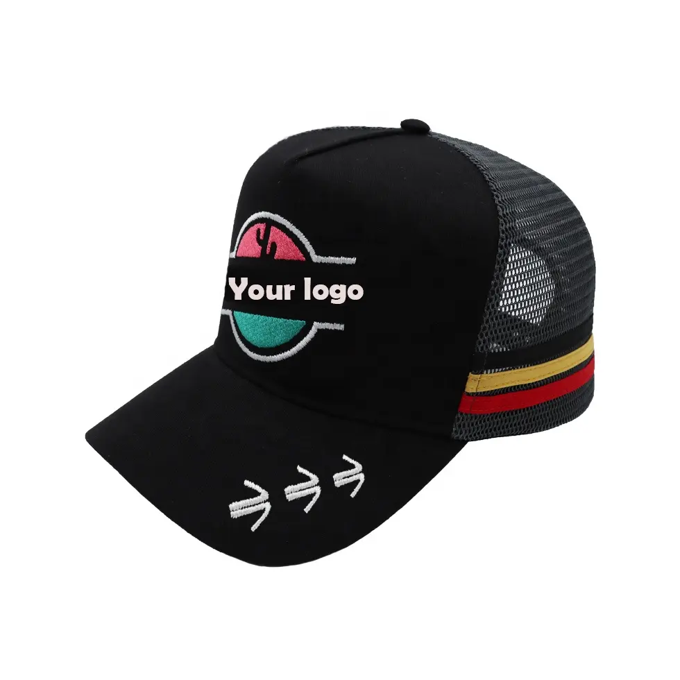 Aussie High Profile 5 panel Mesh Trucker Cap Flat Embroidery Side Two Stripes Sample is free High Quality Trucker Cap Hat