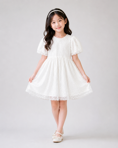 Elegante Vestido de Fiesta Blanco con Lentejuelas para Niñas, con Mangas Abullonadas y Cintura Fruncida, para Bodas y Eventos de Damas de Honor - Product Image 4