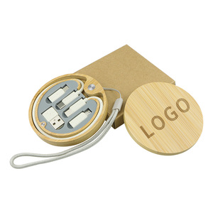 Custom Logo Bamboo <b>USB</b> Cable Set Round Tangle Free Charging Cable Organizer With Carabiner - Product Image 2