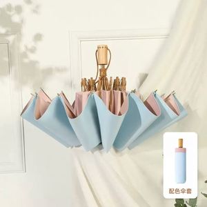 Sombrilla Plegable de Tres Secciones con Mango de Madera y Revestimiento de Color Sólido, con Marco Dorado y Grabado a Mano, para Adultos y Viajes - Product Image 2
