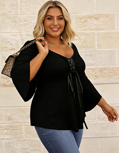 Blusa Casual Negra de Talla Grande con Mangas de Encaje y Volantes para Mujer, con Lazo en la Parte Delantera, para Primavera/Verano/Otoño - Product Image 2