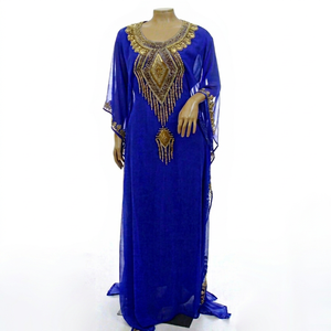 Robe longue modeste pour femme, bleu uni, broderie perlée, grande taille, manches longues, style Moyen-Orient, en polyester, pour mariage - Product Image 1