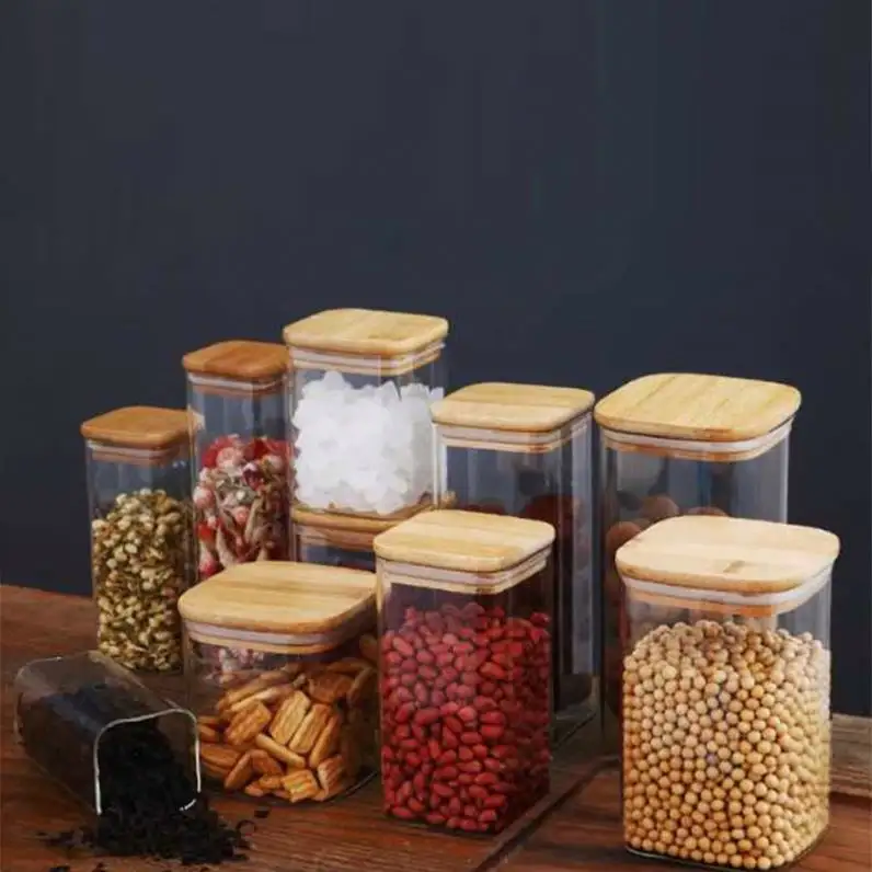Кухонные канистры квадратные стеклянные банки для хранения продуктов с бамбуковыми деревянными крышками для сахарных конфет, набор герметичных контейнеров для сушеных фруктов