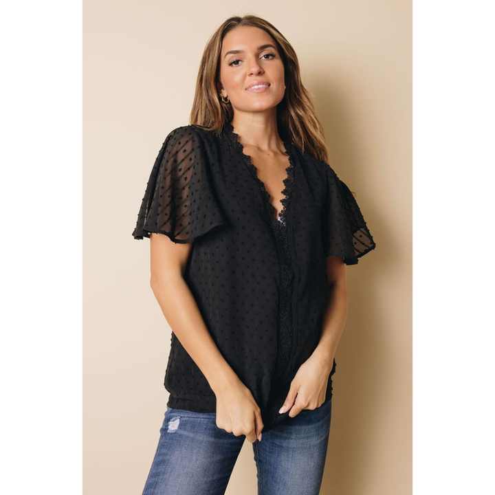 TD Women's Embroidered V-Neck Top for Swiss Dot Butterfly Sleeve Ruffled Collar Logo Loose Fit Silk Knit Sizes XL for Autumn