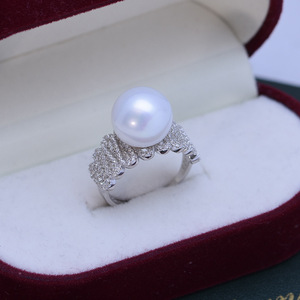 Bague ouverte en argent S925 pour femme Danshui avec une grosse perle ronde blanche de 11-12 mm, forte luminosité, faibles défauts, vente en gros, bague ouverte DIY - Product Image 5
