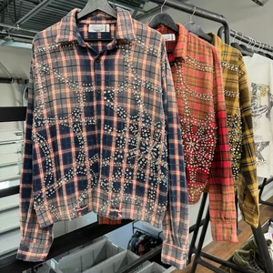 Camicie di Flanella da <span class=keywords><strong>Uomo</strong></span> <span class=keywords><strong>a</strong></span> Maniche Corte e Lunghe Personalizzate <span class=keywords><strong>a</strong></span> <span class=keywords><strong>Quadri</strong></span> Taglio Corto Boxy Effetto Vissuto Streetwear con Strass di Produzione - Product Image 2