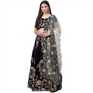 Magnifique Lehenga Choli en velours brodé de couleur bleu marine, semi-couture, pour occasions spéciales, par Zeel Clothing - Product Image 1