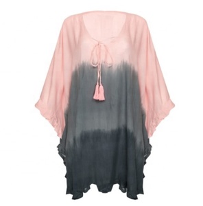 Robe Kaftan de plage style poncho en rayonne rose ombré, teinte à la main, col en V, manches longues, ourlet à volants, grande taille pour femme - Product Image 2