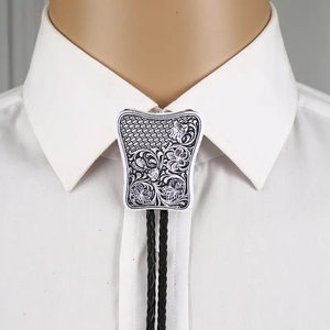 Collier pendentif en métal de haute qualité, style western <span class=keywords><strong>cowboy</strong></span>, motifs floraux et végétaux, avec attache bolo en cuir. - Product Image 4