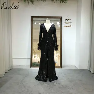 Ruolai LWB3009 элегантное прямое вечернее платье с V-образным вырезом и длинным рукавом Вечерние платья с перьями и блестками для женщин
