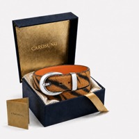 Ceinture Carosung personnalisée en cuir de vachette naturel orange et noir avec boucle en acier inoxydable et logo personnalisé doré