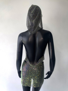 STOCK Trend <strong>Fishnet</strong> Women Two Pieces Set Sparkle V-NECK <strong>Top</strong> With Hoodie Blingbling Skirt See Through Club Party Wearing - Product Image 4