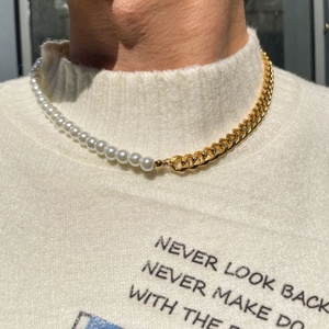 <span class=keywords><strong>Collar</strong></span> y Pulsera de <span class=keywords><strong>Perlas</strong></span> para <span class=keywords><strong>Hombre</strong></span>, Estilo Hip Hop, <span class=keywords><strong>Cadena</strong></span> Cubana Figaro de Acero Inoxidable con Baño de Oro de 18K y <span class=keywords><strong>Perlas</strong></span> Blancas - Product Image 2