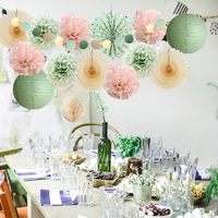 Décorations de fête vert sauge et rose blush, lanternes en papier, éventails en papier, pompons en papier de soie rose clair pour anniversaire, baby shower