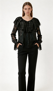 Elegante Damen-Blusen mit Rüschen und langen Ärmeln für den Herbst, lässige Oberteile, atmungsaktiv, gewebte Spitze, knitterarm, umweltfreundlich - Product Image 5