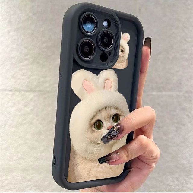 Rabbit Cap Cat Print Ladder Lens Style Shockproof TPU Mobile Phone Cover Case for Iphone X Xr Xs 11 12 13 14 15 16 17 18 Pro Max