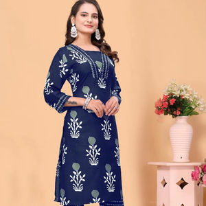 Ensemble coordonné pour femmes, imprimé bleu, tissu polly reyon, kurta avec pantalon, collection Magic, éco-responsable, vente en gros, tailles S à 3XL - Product Image 1