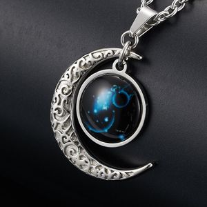 Collier pendentif en acier inoxydable demi-lune croissant étoilé de nuit rétro personnalisé en gros, 12 <span class=keywords><strong>signes</strong></span> du zodiaque, chaînes en verre - Product Image 3