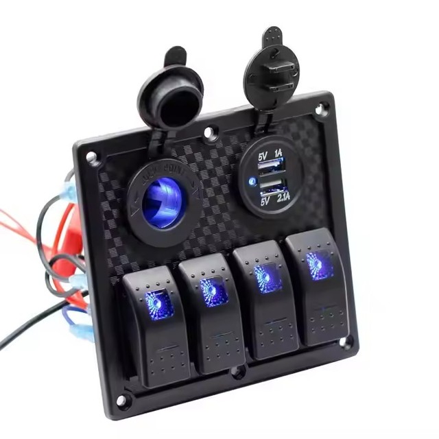 Marine High Quality IP65 DC 12V 4 Gang Blue Backlit On/Off Toggle Rocker Switch Panel for Boat