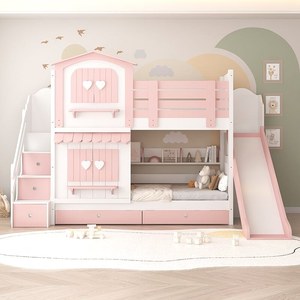 Letto a Castello Multifunzionale Minimalista in Legno Massello per Bambini con Scivolo, a Due Piani, Alto e <span class=keywords><strong>Basso</strong></span>, Castello Rosa a Forma di Albero per Madre e Figlia - Product Image 6