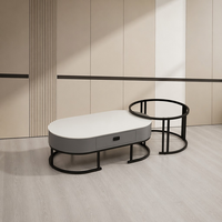 Ensemble de tables basses gigognes de salon de qualité commerciale, modernes, en bois, avec cadre ovale en arc, double plateau en pierre frittée et verre trempé