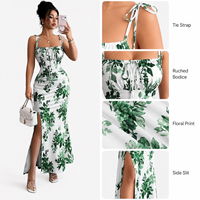 Fabrication de vêtements OEM, robe sur mesure, imprimé floral blanc et vert, sans manches, ajustée, fendue, maxi robe