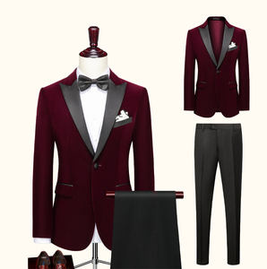 Haut de gamme mince affaires messieurs marié <span class=keywords><strong>costume</strong></span> 2 pièces hommes mariage Banquet vin rouge <span class=keywords><strong>velours</strong></span> simple boutonnage pic-revers <span class=keywords><strong>costume</strong></span> - Product Image 1