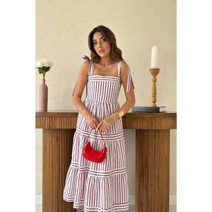 Robe longue rayée bordeaux avec lien à l'épaule, motif floral, style décontracté pour femme de bureau, taille XS, vente en gros - Product Image 3