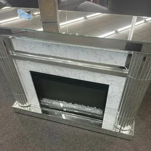 luxury living room furniture led console wooden mirror crystal electric fireplace mirrored crushed diamond electric firepla