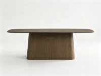 Table à manger moderne en bois FERLY avec base Toulouse, finition foncée, taille personnalisable