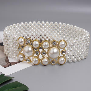 Lujo Retro Full Pearl Diamond Hebilla Elástico Wid Cintura Cadena Mujeres Pearl Belt - Product Image 1