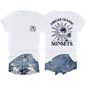 Camiseta de Playa para Mujer FOXA, Diseño Gráfico de Palmeras Perseguyendo el Atardecer, Camiseta de Verano para Vacaciones, 100% Algodón, Jersey Transpirable - Product Image 1