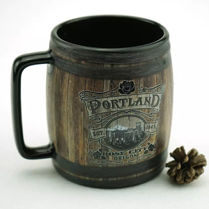 New Product Ideas 2022 Custom 16oz Vintage Black Ceramic Coffee <strong>Wooden</strong> <strong>Barrel</strong> Shaped Beer <strong>Mug</strong> with Handle