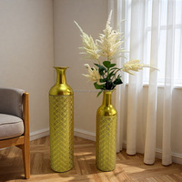 Ensemble de 3 vases de sol en métal hauts et grands faits à la main, de luxe, dorés, décoratifs, de style européen, pour la décoration de mariage