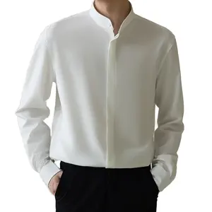Custom Design High Quality Button-Down White Shirt Men's Casual Loose Long-Sleeved Printing Men Hidden Button Oversize Shirt
