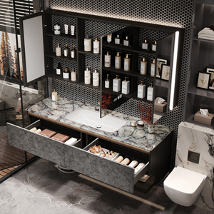 Meuble-lavabo moderne italien <span class=keywords><strong>de</strong></span> luxe léger à évier simple/double, en <span class=keywords><strong>bois</strong></span> massif, <span class=keywords><strong>avec</strong></span> armoire miroir intelligente et vasque en céramique, pour usage hôtelier - Product Image 3