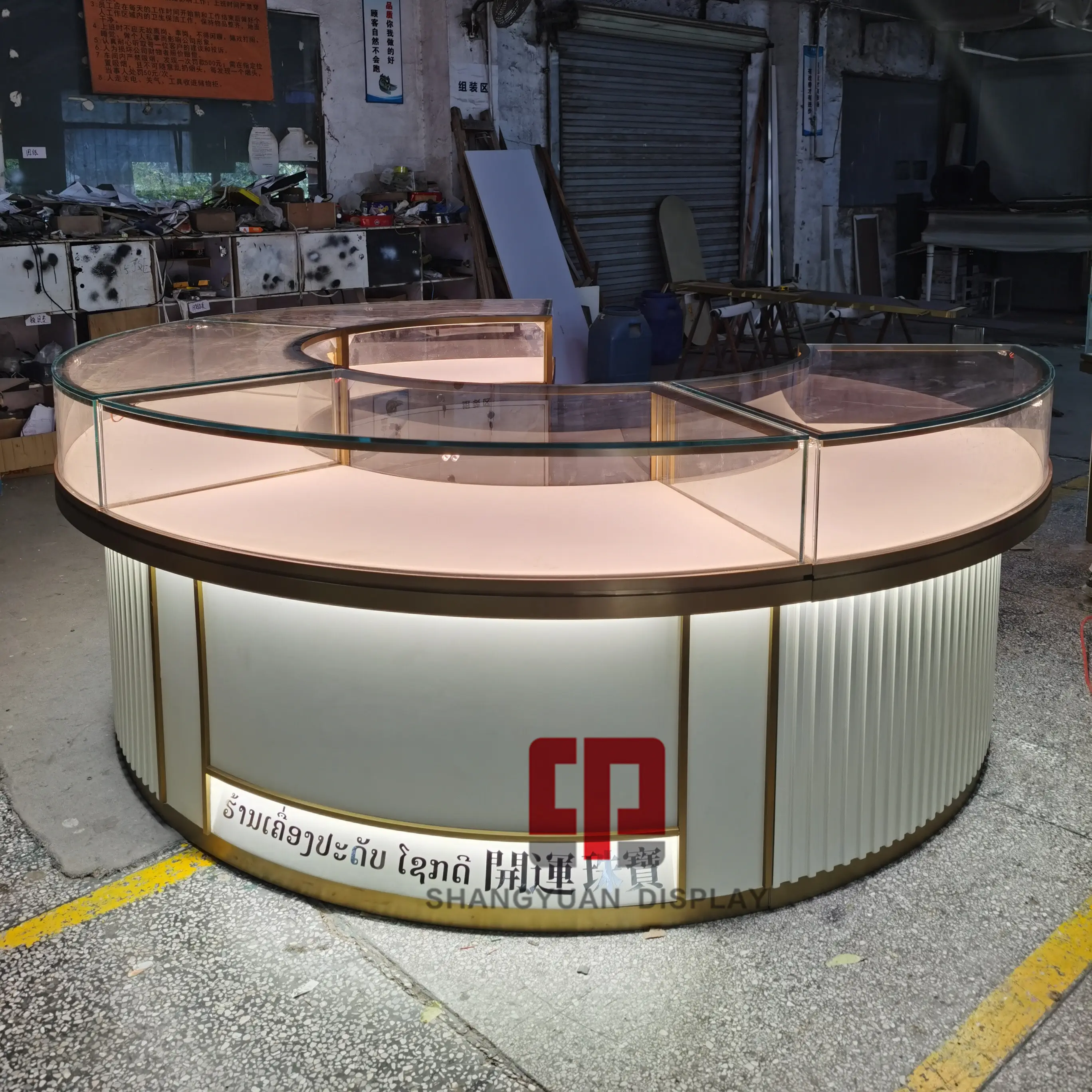 Vitrine ronde en bois et acier inoxydable, coffret d'exposition de 3 pièces, peinture or, bijoux et comptoir, personnalisé