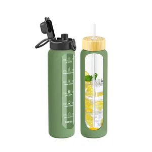 Bouteilles d'eau en verre réutilisables et étanches de 32 oz 1 litre sans BPA avec marqueur de temps à paille avec manchon en silicone
