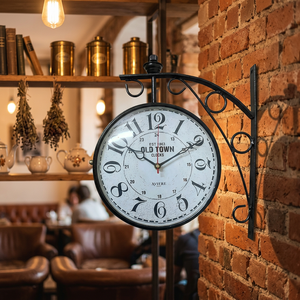 Horloge murale rustique antique en métal noir, double face, analogique à quartz - Product Image 3