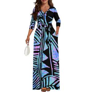 OEM personalizado Samoan Polynesian Tribal Print diseño cuello en V bolsillo lateral Tie-Up vestido de gran tamaño mujeres Prom ropa de noche - Product Image 3